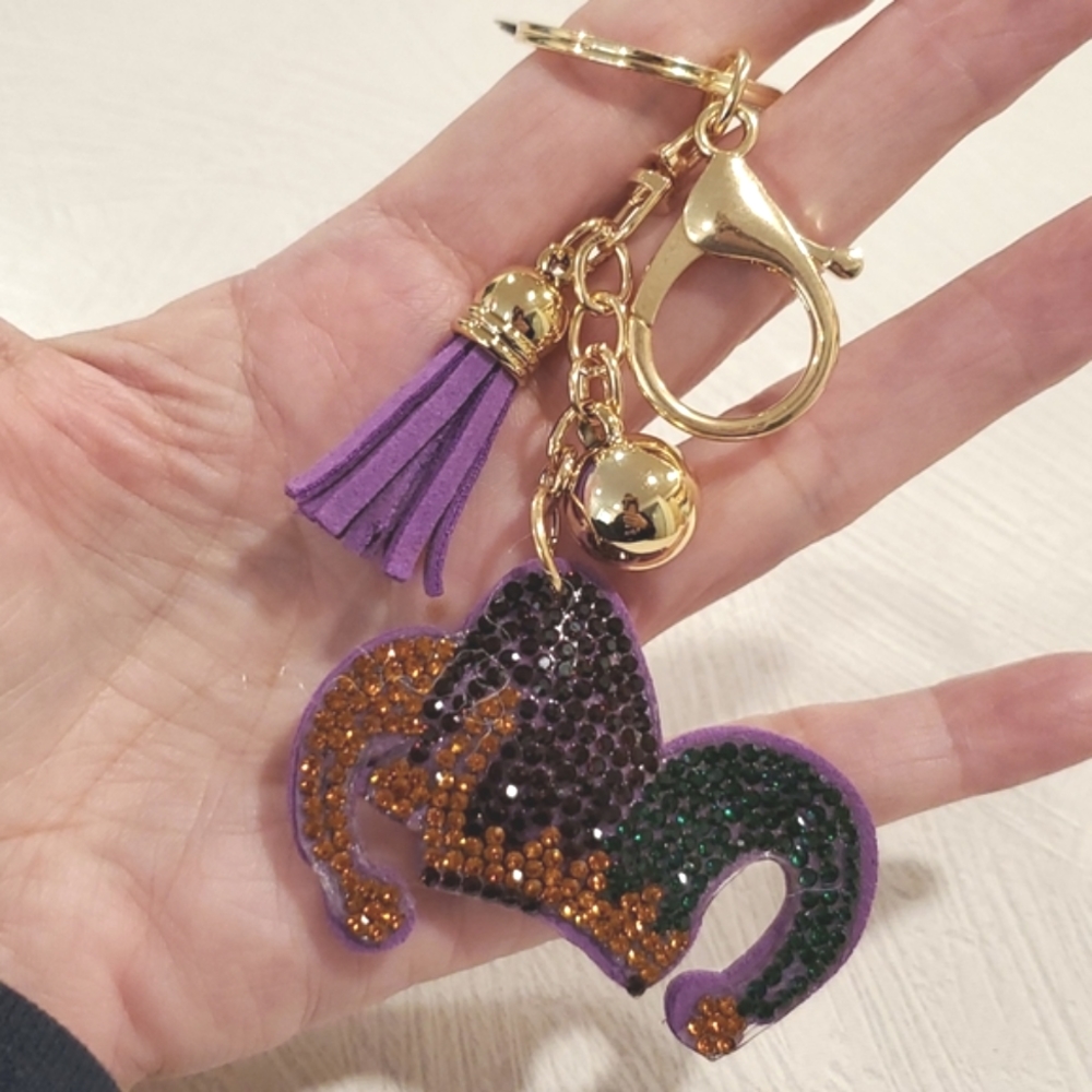 Mardi Gras Jester Hat puffy keychain rhinestones tassel ball Goldtone novelty